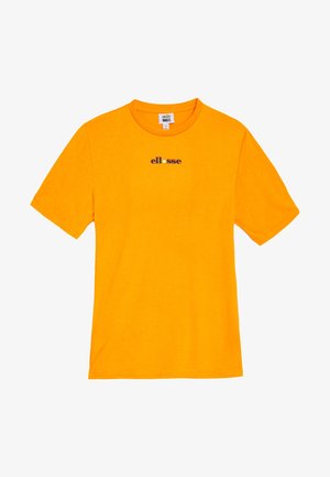 Orange bomulds t-shirt med korte ærmer, rund halsudskæring, prydet med "ellesse" logo i flerfarvet tekst på tværs af brystet.