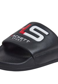 Crna klizna sandal s teksturiranom sintetičkom trakom koja sadrži bijeli i crveni Hackett Sport logo. Ravni dizajn bez kopčanja s jednostavnom siluetom.