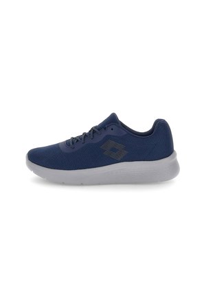 Navy blue athletic shoes with a textured mesh upper, lace-up design, and a white cushioned sole featuring a patterned grip.