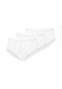 Drie witte heren slips naast elkaar geplaatst, met de voorkant zichtbaar, gemaakt van zachte stof en met elastische taillebanden.