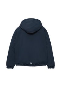Giacca con cappuccio blu navy con finitura liscia e opaca. Polsini e orlo elastici, con un piccolo logo sul lato sinistro in basso.