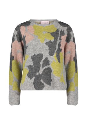 Szary sweter dzianinowy z dużymi kwiatowymi wzorami w odcieniach różu, żółci i ciemnoszarości. Szeroki dekolt i długie rękawy. Teksturowany materiał.