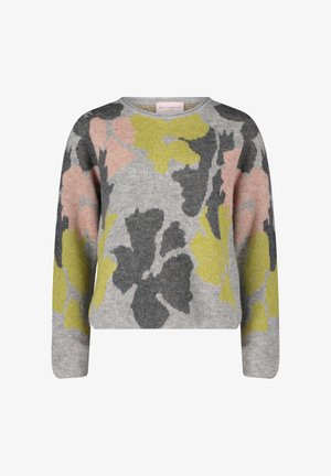 Szary sweter dzianinowy z dużymi kwiatowymi wzorami w odcieniach różu, żółci i ciemnoszarości. Szeroki dekolt i długie rękawy. Teksturowany materiał.