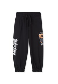 Czarne dresowe spodnie z elastycznym pasem z białym napisem "AWESOME" na lewym nogawce oraz misiem w okularach przeciwsłonecznych i kapturze na prawej nogawce.