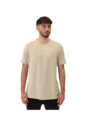 Beige T-shirt met korte mouwen van zachte stof. Heeft een ronde halslijn en een ontspannen pasvorm. Geen zichtbare patronen of extra details.