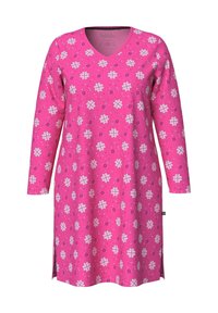 Vestido rosa de manga larga con escote en V, que presenta un patrón de copos de nieve blancos y pequeños detalles azules. Las aberturas laterales mejoran la movilidad.