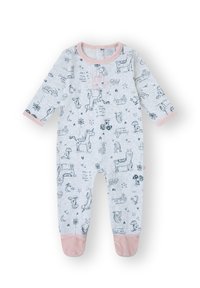 Body gris claro de manga larga con puños rosas, con dibujos de animales y naturaleza, incluyendo unicornios y arcoíris, en un estampado oscuro.