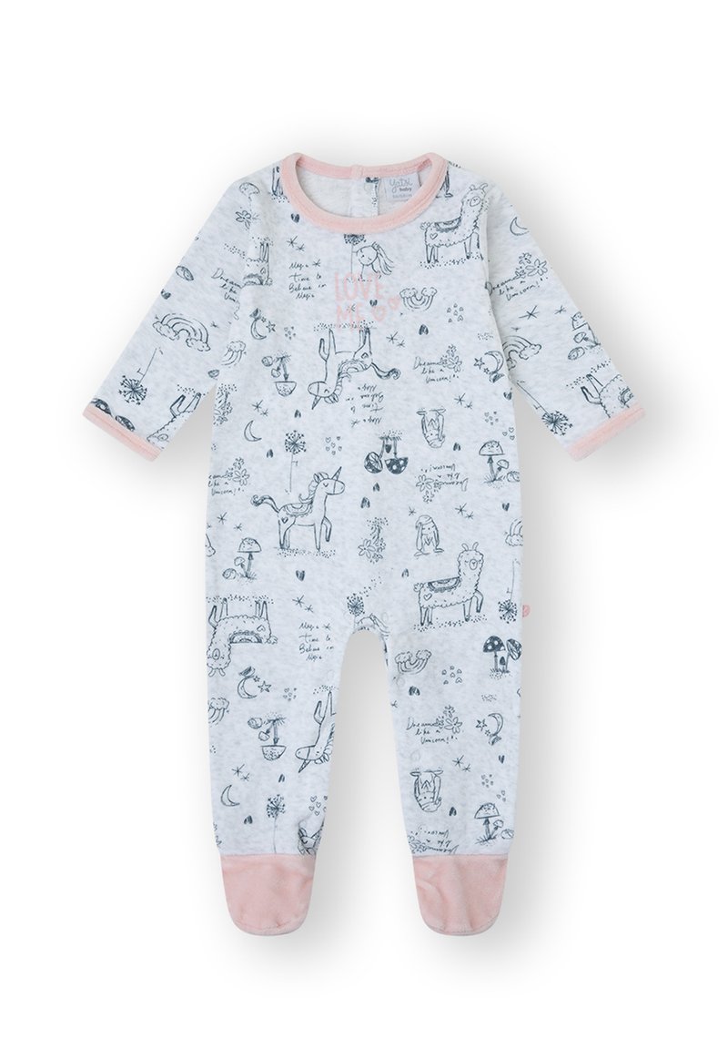 Body gris claro de manga larga con puños rosas, con dibujos de animales y naturaleza, incluyendo unicornios y arcoíris, en un estampado oscuro.