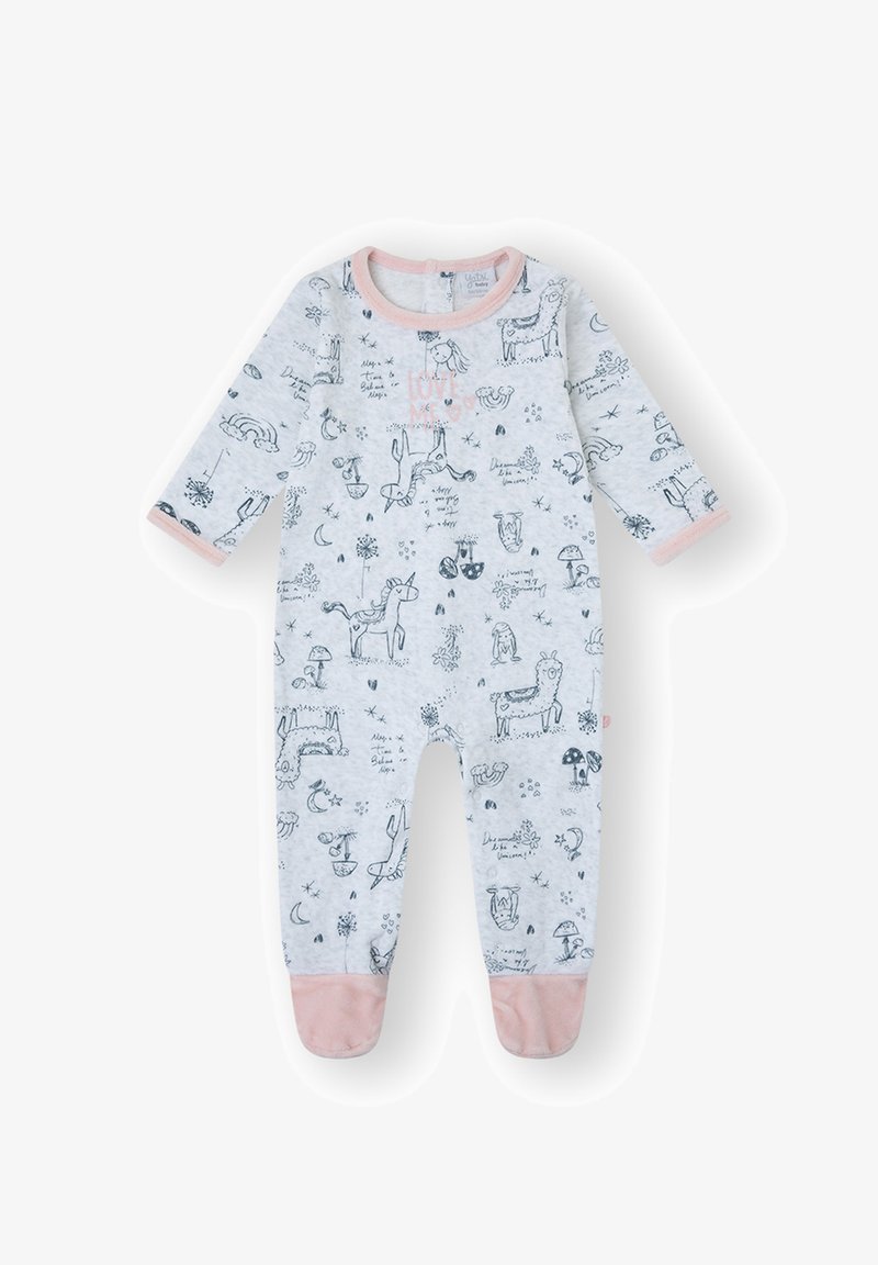 Body gris claro de manga larga con puños rosas, con dibujos de animales y naturaleza, incluyendo unicornios y arcoíris, en un estampado oscuro.