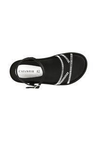 Sandalia negra con correas entrelazadas. Presenta detalles metálicos y una plantilla texturizada. Correa ajustable en el tobillo para un ajuste seguro.