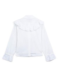 Blusa bianca a maniche lunghe con un ampio colletto a volant, polsini con bottoni e dettagli in pizzo, e un orlo dritto sul retro.