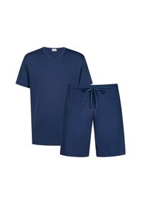 Marineblauw tweedelig set bestaande uit een T-shirt met V-hals en korte mouwen en shorts met elastische tailleband, beide van een zachte stof met een gladde textuur.