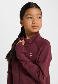 Vinröd jacka med dragkedja, gjord av mjukt tyg, har hög krage, dold dragkedja och en rosa chevron-logotyp på vänster sida.