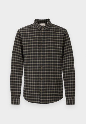Button-up shirt in dark navy and beige checkered pattern. Made of soft fabric with a collar, featuring a curved hem and brown buttons.
