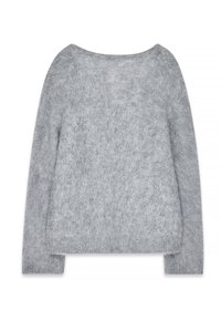 Grey pullover sweater made of soft, textured fabric, featuring a crew neckline and long sleeves, with a relaxed, boxy fit.