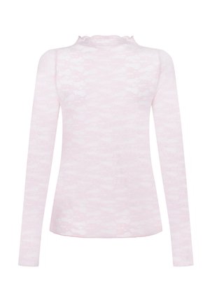 Long-sleeve top in light pink lace with a textured pattern, featuring a frilled neckline and a fitted silhouette.