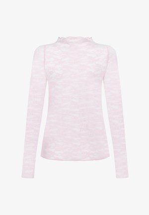 Langarmshirt in lichtroze kant met een gestructureerd patroon, voorzien van een gerimpelde halslijn en een aangesloten silhouet.