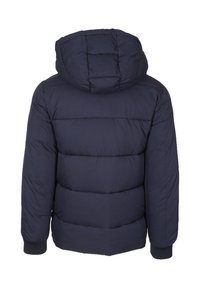 Giubbotto imbottito navy con cappuccio, caratterizzato da un design trapuntato, polsini a coste e una texture liscia, che presenta una silhouette pulita e semplice.