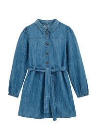 Jeans obleka s ovratnikom, dolgimi rokavi, sprednjim zapenjanjem na gumb in pasom iz blaga. Svetlo modra barva z nabranimi rameni.