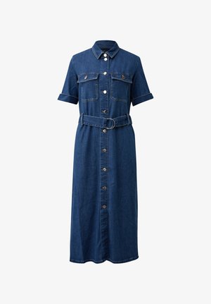 Dunkelblaues Denim-Midikleid mit kurzen Ärmeln, durchgehender Knopfleiste, Brusttaschen, Kragen und passendem Gürtel mit Metallschnalle.