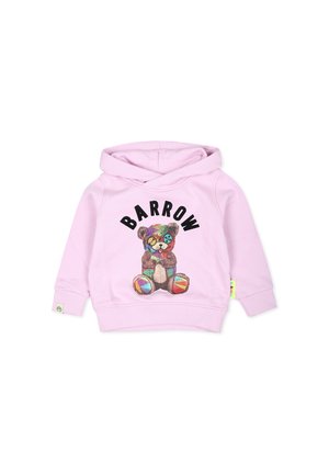 Haut à capuche rose avec un graphique d'un ours multicolore portant des lunettes de soleil, avec le texte "BARROW" en haut et des poignets côtelés. Matière en coton doux.