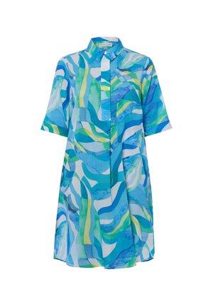 Robe-chemise à manches courtes avec motif abstrait de vagues bleu, vert et blanc et poche poitrine avant, fermeture de col à boutons.