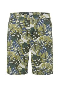 Pantaloni corti verde e bianchi con un motivo di foglie tropicali in tonalità gialle e blu, realizzati in tessuto leggero con una vestibilità classica.