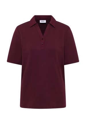 Bordeauxrød poloshirt med korte ærmer, krave og to knapper på slipset, mærket "Cecil" inde i halsudskæringen.