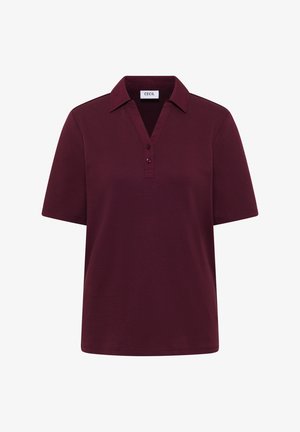 Bordeauxrød poloshirt med korte ærmer, krave og to knapper på slipset, mærket "Cecil" inde i halsudskæringen.