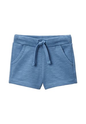 Shorts en coton bleu avec une taille élastique et un cordon de serrage ajustable. Comprend deux poches latérales et une finition en tissu texturé.