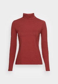 Langærmet turtleneck top i en dyb rød farve, lavet af blødt, tekstureret stof, med et tætsiddende design og en ribbet hals.
