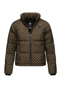 Bruine pufferjack met een houndstooth patroon, hoge kraag en ritssluiting. Voorzien van ribgebreide manchetten en een interne label.