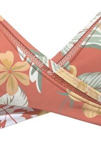 Kwiatowy top bikini w kolorze koralowym, z motywem liści i kwiatów. Posiada siatkowe akcenty oraz gładką, elastyczną teksturę.