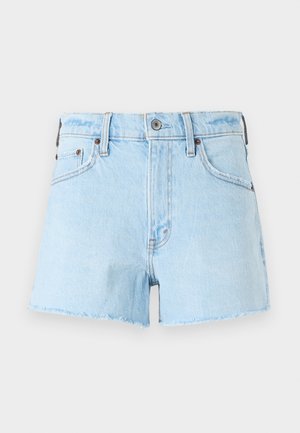 Light blue denim shorts with a frayed hem, featuring five pockets, a button closure, and stitched detailing along the seams.