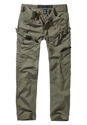 Pantalones cargo verde oliva hechos de algodón, con múltiples bolsillos utilitarios, detalles de cremallera y cintura con cordón para un ajuste ajustable.