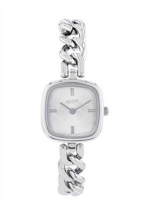 Silberne quadratische Uhr mit einem strukturierten weißen Zifferblatt, Kettenarmband und einfachen silbernen Stundenmarkierungen. Das Markenlogo ist auf dem Zifferblatt abgebildet.