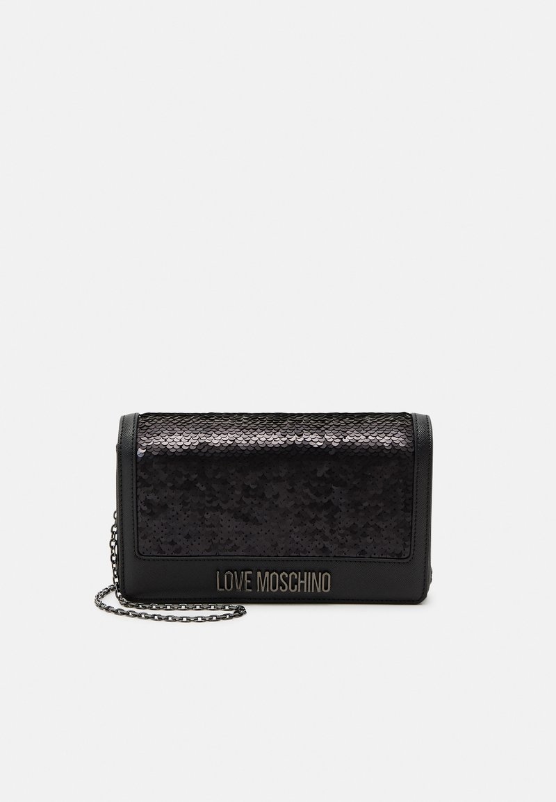 Black clutch bag with a sequin-embellished front, smooth texture, and chain strap. Features logo “LOVE MOSCHINO” in gold at the bottom.