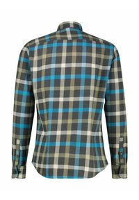 Koszula w kratę z długim rękawem, w odcieniach szarości, niebieskiego, oliwkowego i białego. Wykonana z teksturowanej tkaniny, z tradycyjnym kołnierzykiem i mankietami na guziki.