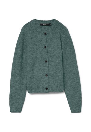 Žalias megztinis su apvalia iškirpte, ilgomis rankovėmis ir penkiais tamsiais sagomis priekyje. Minkšta tekstūra ir jaukios išvaizdos.