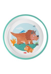 Ronde witte schaal met turquoise rand, versierd met cartoon dinosaurussen en planten in een kleurrijk ontwerp. "HABA" logo aan de onderkant.