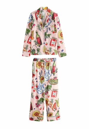 Ružový pyžamový set s ilustráciami slnečníc, pohárov jahodového džemu, zeleniny, fliaš a modrých kvetinových džbánov.