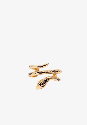 Bracciale a forma di serpente in tonalità oro, con una finitura liscia e lucida, caratterizzato da accenti in smalto nero sulla superficie per un contrasto.
