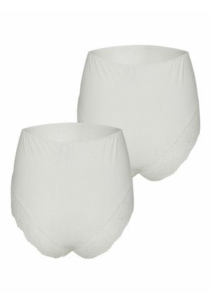 Valge kõrge vöökohaga aluspesu komplekt, millel on sile esiosa ja pitsdetailid taga, valmistatud pehmest ja venivast kangast.