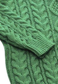 Grön stickad tröja med kabelmönster, med ribbad mudd och mjuk textur, som visar upp intrikata detaljer genom hela tyget.