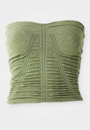 Green strapless top with textured floral pattern, gathered side seams, and a smocked design for a fitted shape. Soft, stretchy material.