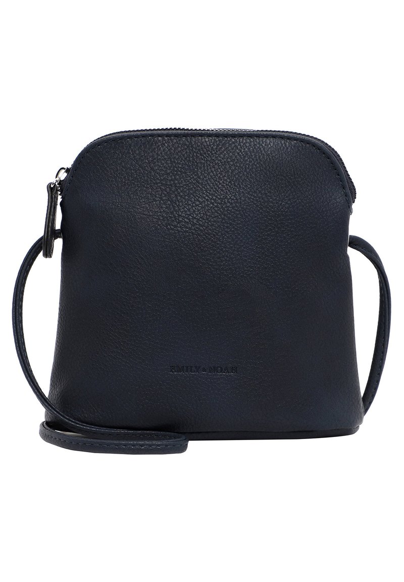 Borsa a tracolla nera in pelle con finitura texturizzata, forma arrotondata, chiusura con zip e tracolla rimovibile. Presenta un logo in rilievo sul davanti.
