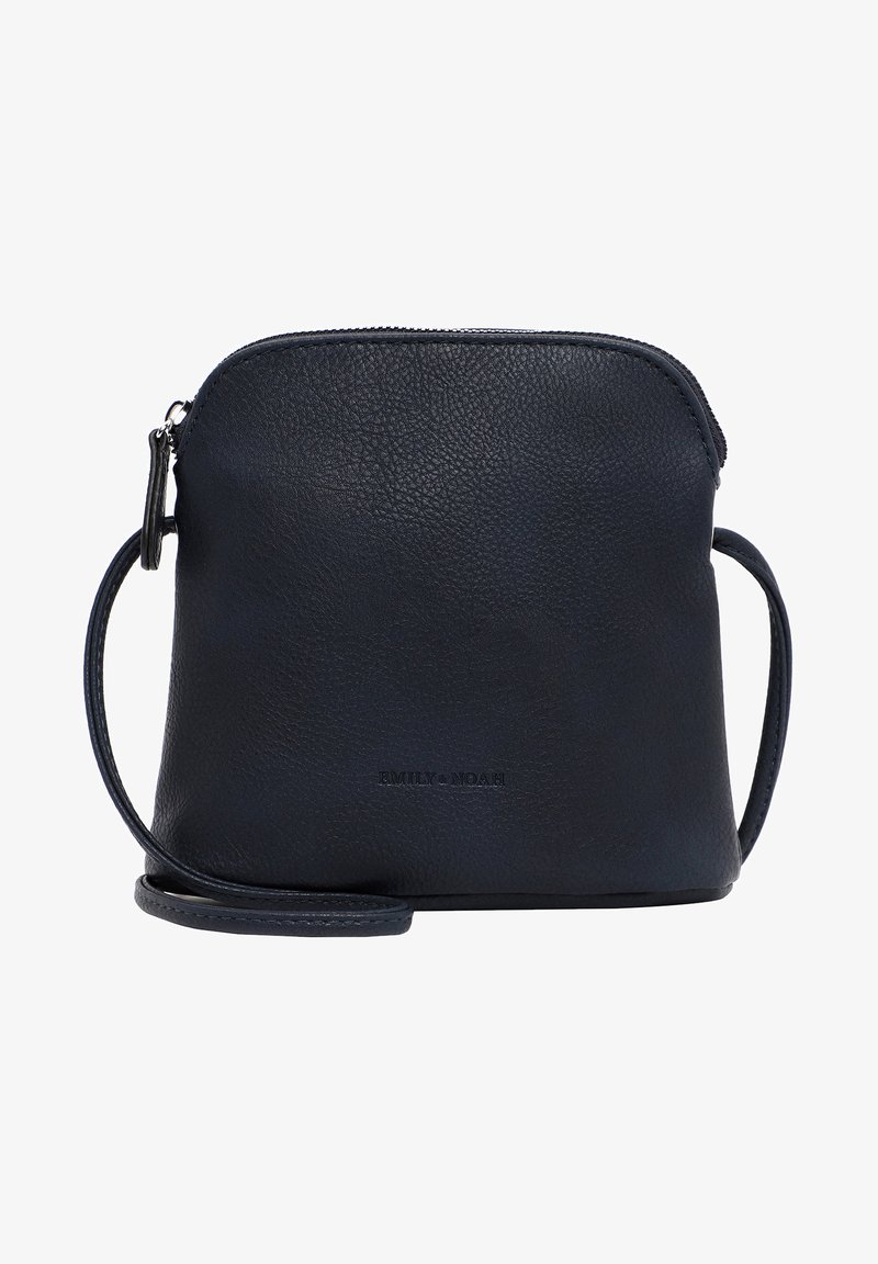 Black leather crossbody bag with a textured finish, rounded shape, zip closure, and a detachable strap. Features logo embossing on front.