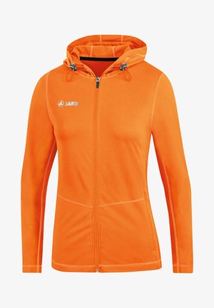 Veste à capuche zippée intégrale orange vif avec cordons de serrage réglables et logo JAKO sur la poitrine gauche, manches longues et coupe ajustée.