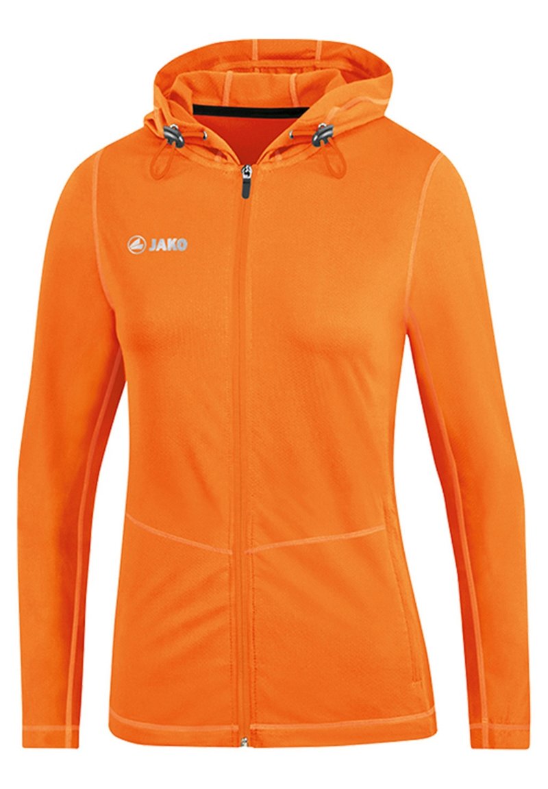 Veste à capuche zippée intégrale orange vif avec cordons de serrage réglables et logo JAKO sur la poitrine gauche, manches longues et coupe ajustée.