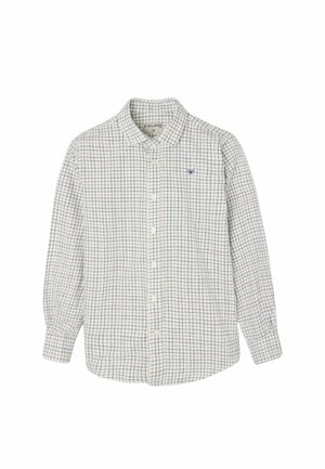 Camisa blanca de manga larga con estampado de cuadrícula azul y pequeño logo bordado en azul en el pecho izquierdo.